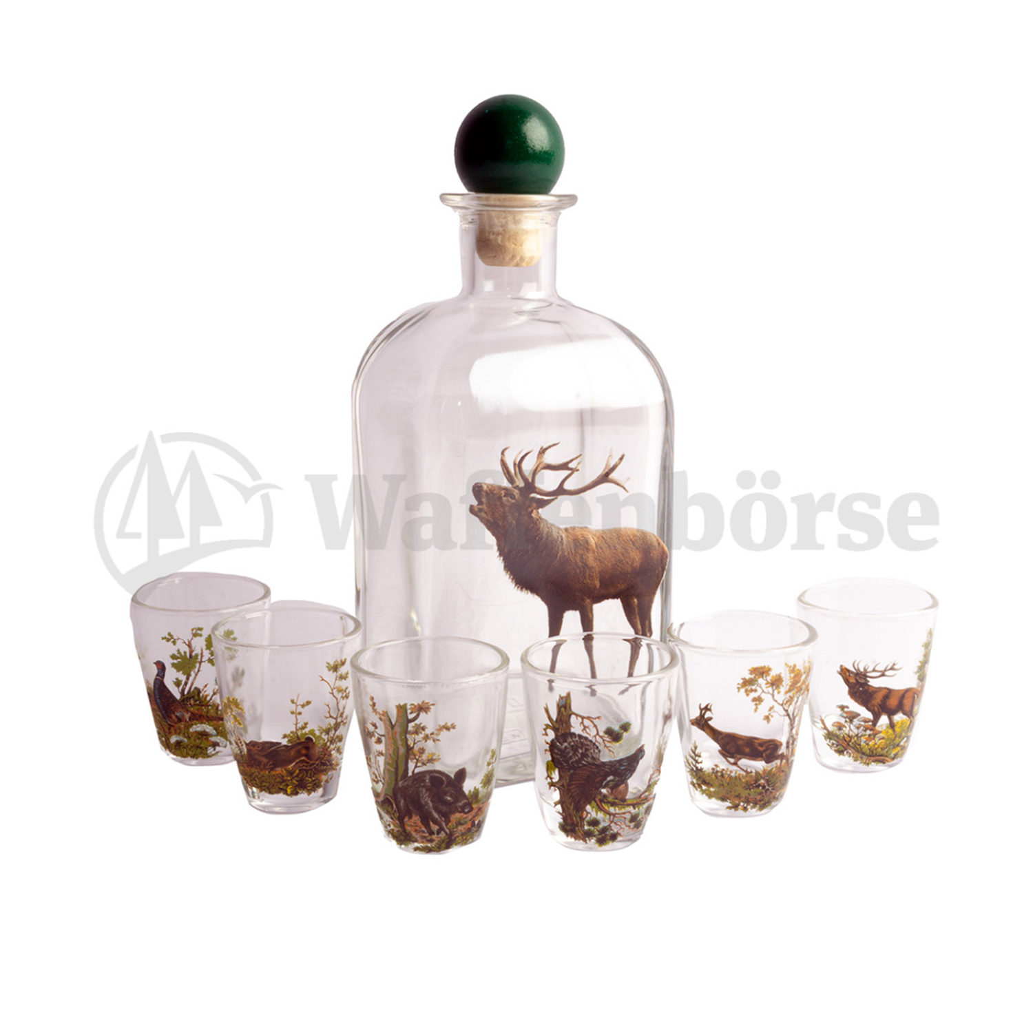 Schnapsservice 7-teilig, mit Jagdekor farbig,